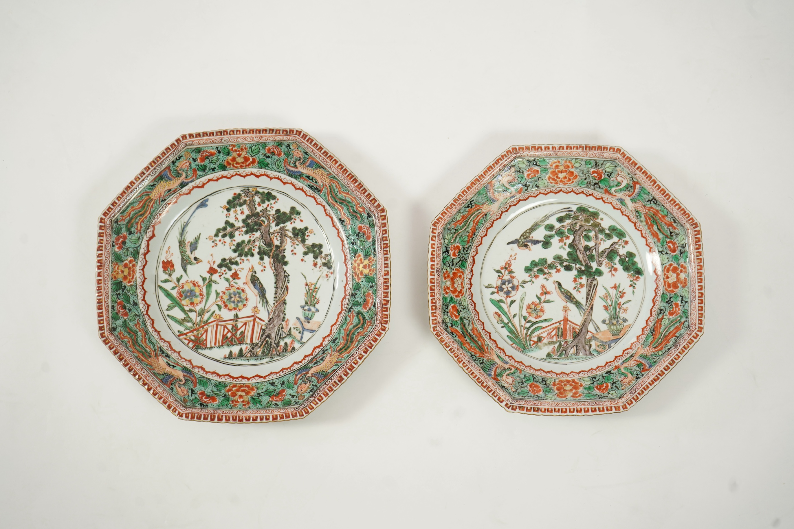Two graduated Chinese famille verte octagonal dishes, Kangxi period